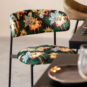 LABEL51 Eetkamerstoel Ferry - Printed Flamingo - Fluweel - Zwart Metalen Frame